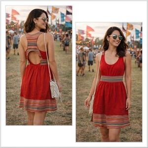 Red Sleeveless Dress with Striped Accents